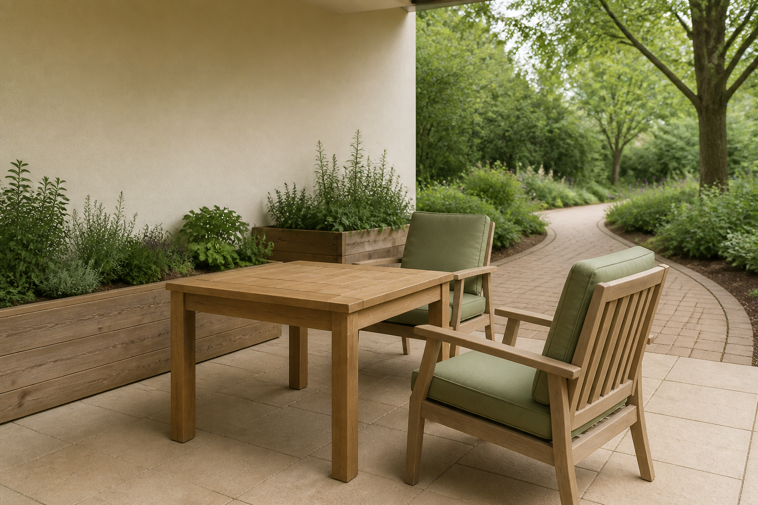 Ruhige Gartenterrasse mit Sitzgruppe und einem Weg ins Grüne