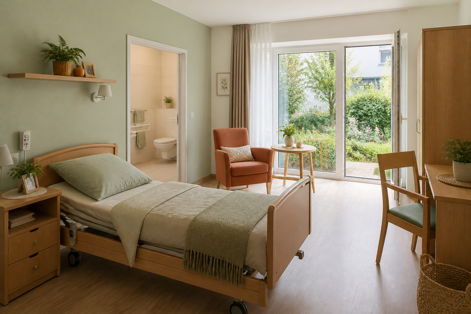 Illustrative Darstellung zum Ratgeberthema Pflegeheimzimmer auswählen: Raum, Alltag und Sicherheit prüfen